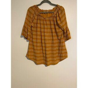 Sol + Luna Womens 1X Top Mustard Yellow Striped Peasant Blouse Bell Sleeves